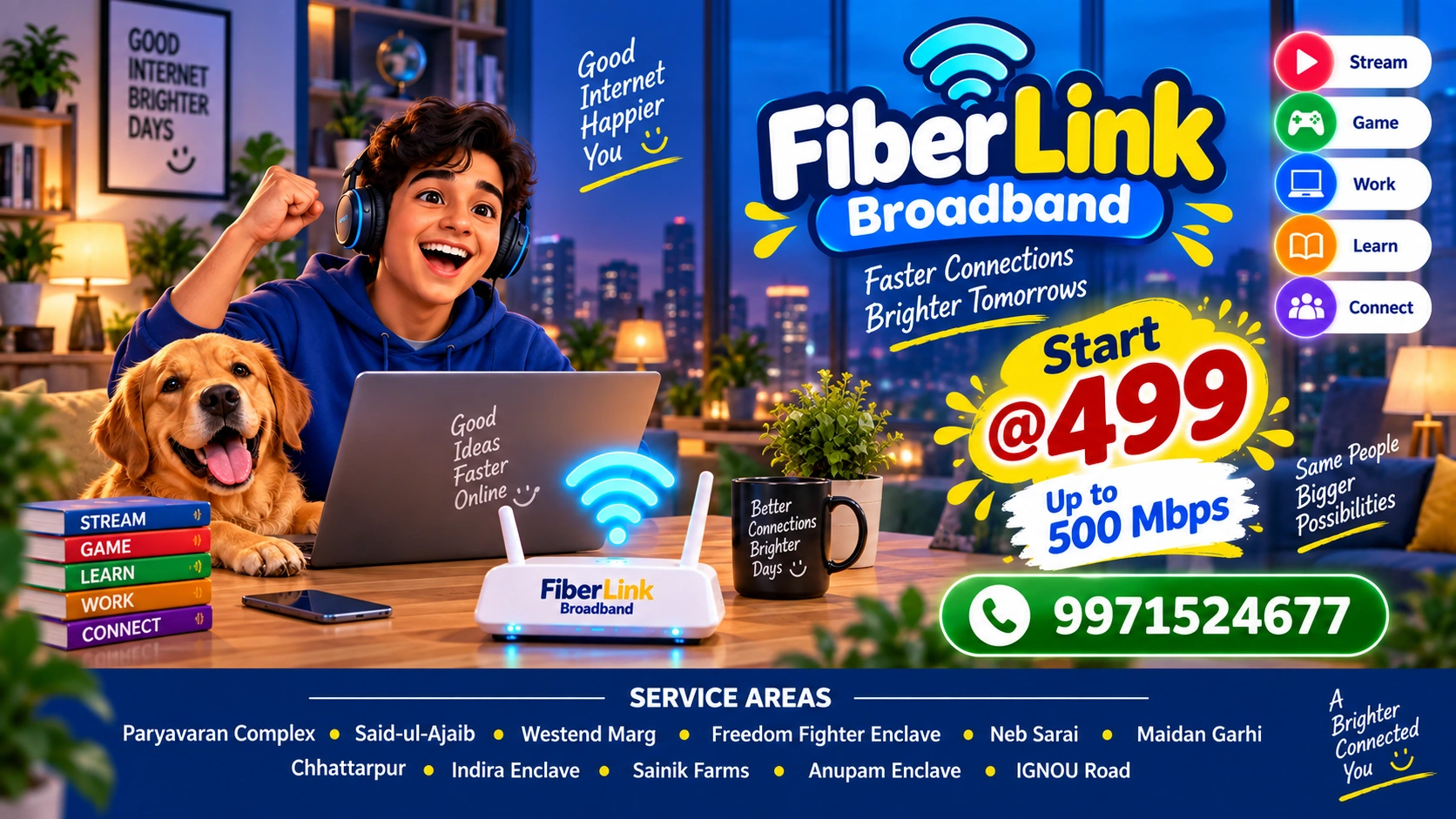 Fiber Link Broadband student internet offer with plans from ₹499 and speeds up to 500 Mbps