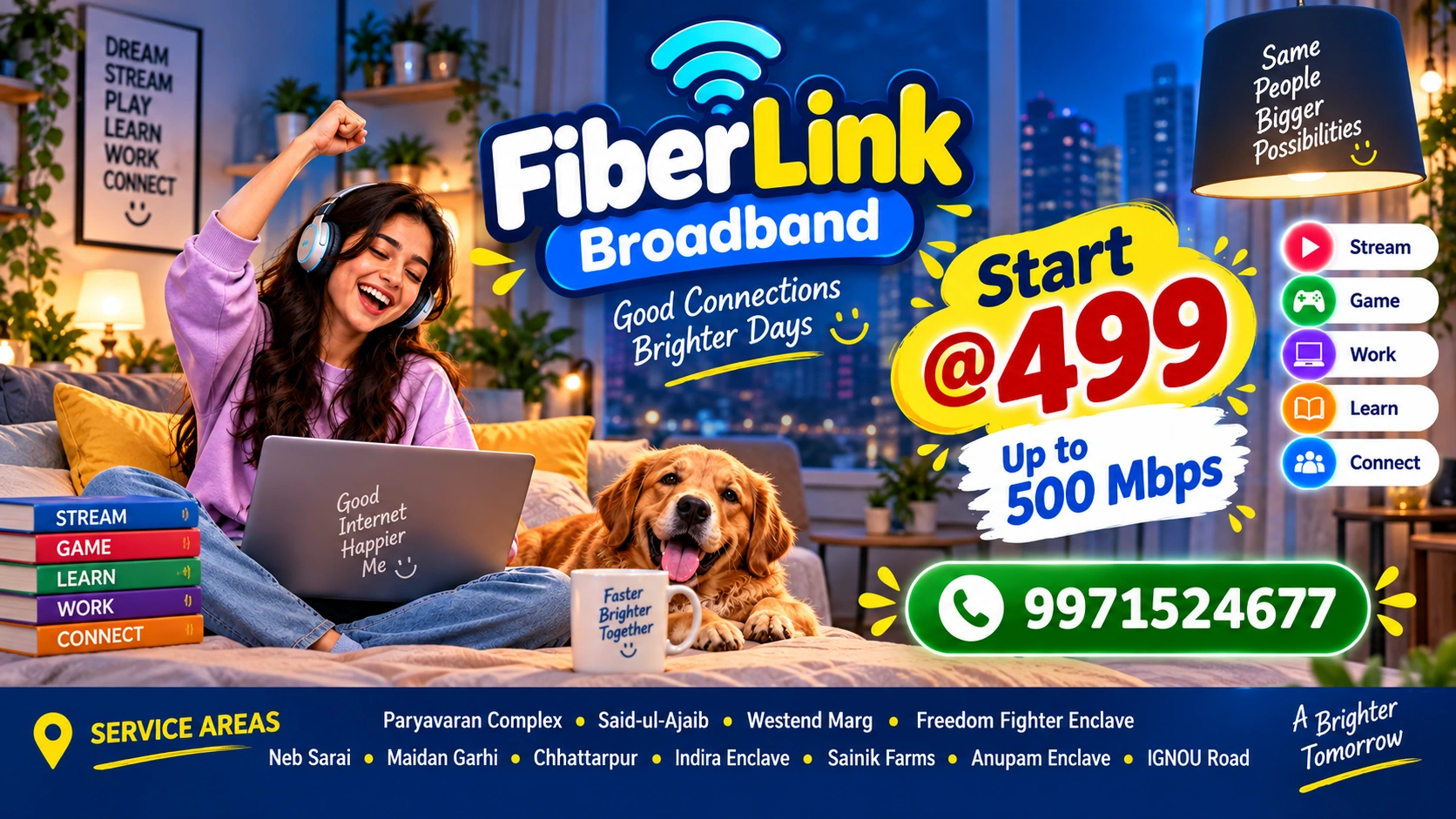 Fiber Link Broadband family offer with plans from ₹499 and speeds up to 500 Mbps