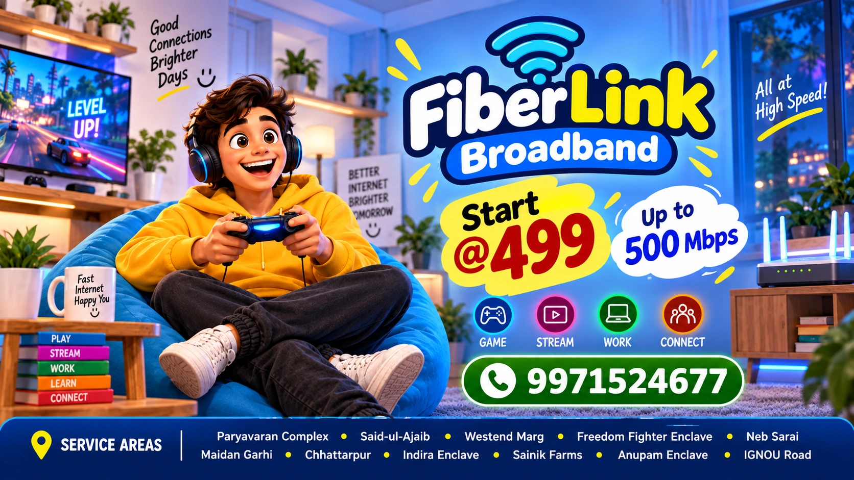 Fiber Link Broadband family internet offer with plans from ₹499 and speeds up to 500 Mbps