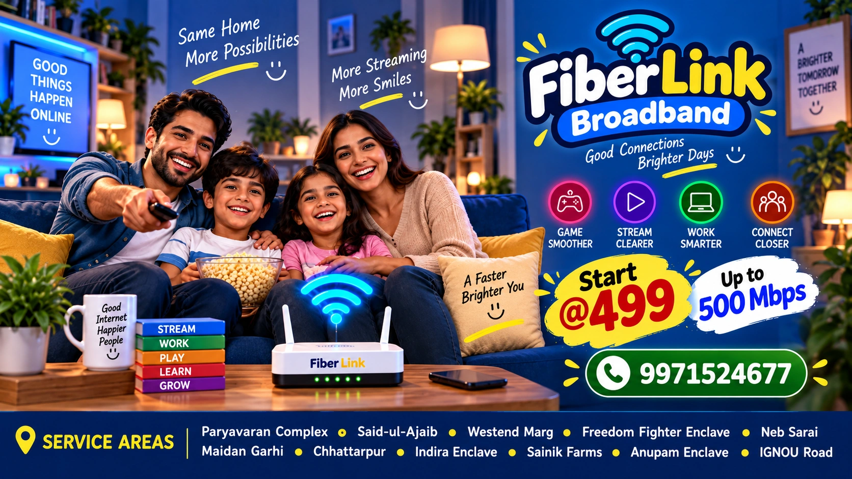 Fiber Link Broadband fast reliable internet offer with plans from ₹499 and speeds up to 500 Mbps