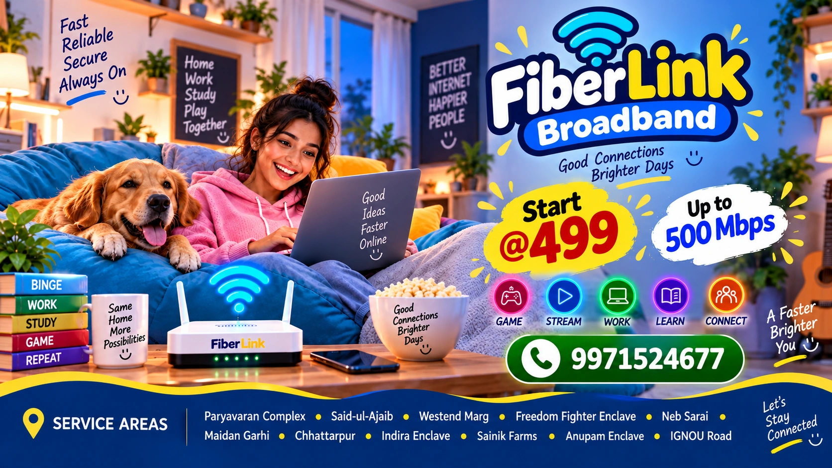 Fiber Link Broadband family entertainment offer with plans from ₹499 and speeds up to 500 Mbps
