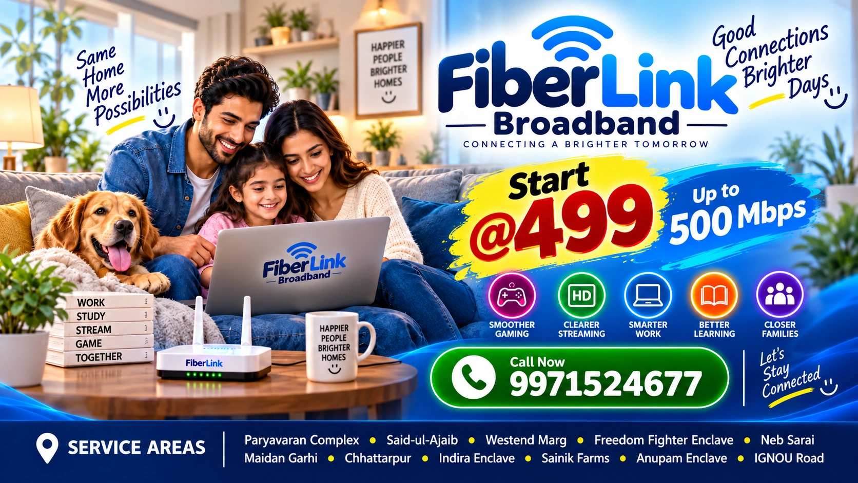 Fiber Link Broadband family connection offer with plans from ₹499 and speeds up to 500 Mbps